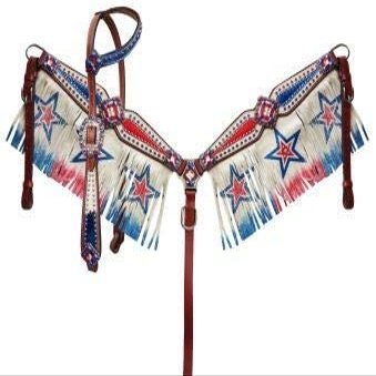 Showman Red/White/Blue Patriotic Headstall & Breast Collar Set w/Fringe
