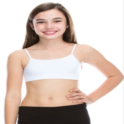Kurve Girls Training Sports Bra  Seamless Bralette Kids Crop Cami Tank Top UV Protective Fabric UPF 50+ Made in USA, White, Age 9-14