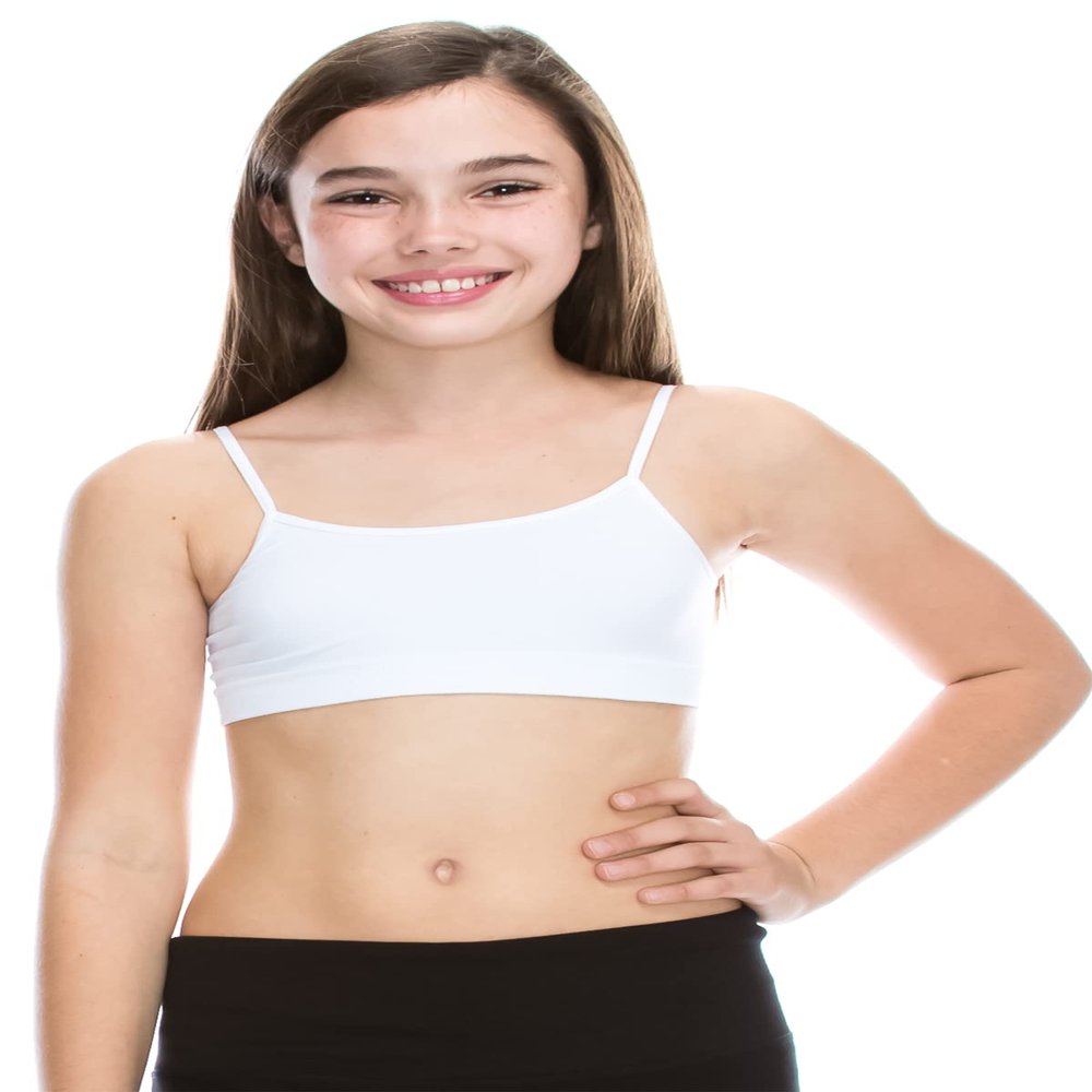 Kurve Girls Training Sports Bra  Seamless Bralette Kids Crop Cami Tank Top UV Protective Fabric UPF 50+ Made in USA, White, Age 9-14