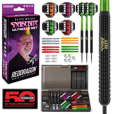 RED DRAGON Peter Wright Snakebite Ultimate 50 Piece Darts Set - Includes 22 Gram Steel Tip Brass Darts, Hardcore Flights, Shafts (Stems) and Accessories