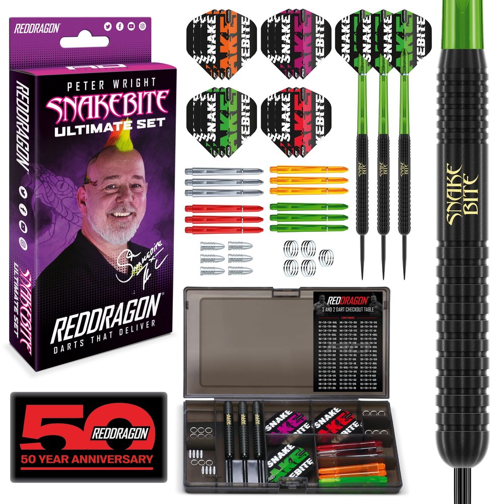 RED DRAGON Peter Wright Snakebite Ultimate 50 Piece Darts Set - Includes 22 Gram Steel Tip Brass Darts, Hardcore Flights, Shafts (Stems) and Accessories