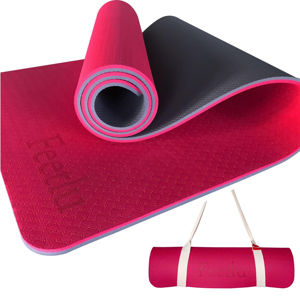 Feetlu Extra Thick Exercise Yoga Mat with Strap - 2/5 Inch (10MM), Non-Slip Workout Mat for Yoga, Pilates, and Floor Exercises(Pink & Gray)