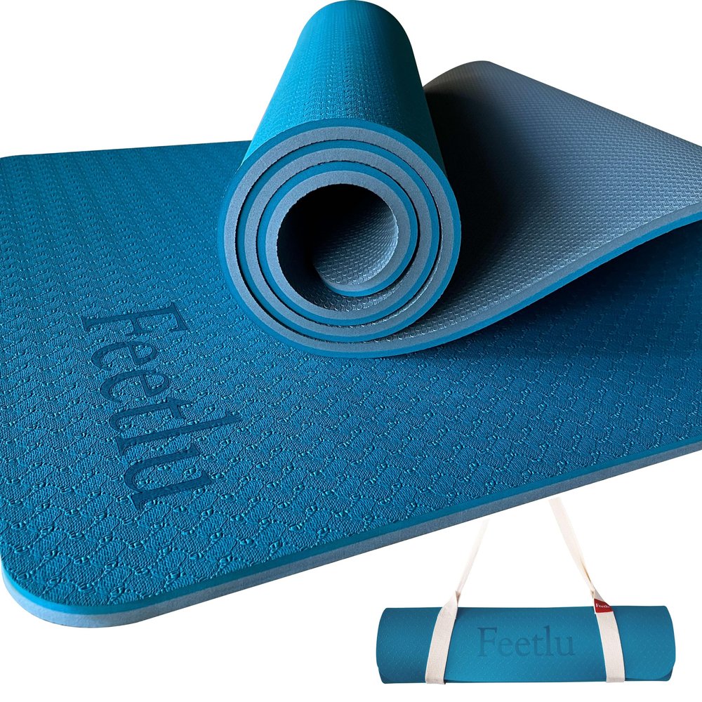 Feetlu Extra Thick Exercise Yoga Mat with Strap - 2/5 Inch (10MM), Non-Slip Workout Mat for Yoga, Pilates, and Floor Exercises(Trurkey Blue & Gray)