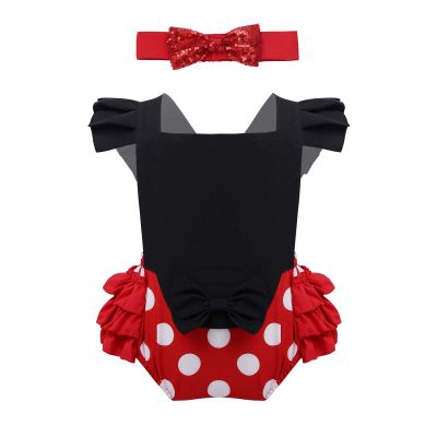 ACSUSS Toddlers Infant Baby Girls Cotton Pleated Polka Dots Buttons Suspender Skirt with Bowknot Hair Clips Black 9-12 Months