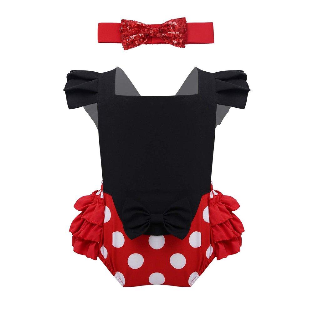 ACSUSS Toddlers Infant Baby Girls Cotton Pleated Polka Dots Buttons Suspender Skirt with Bowknot Hair Clips Black 9-12 Months