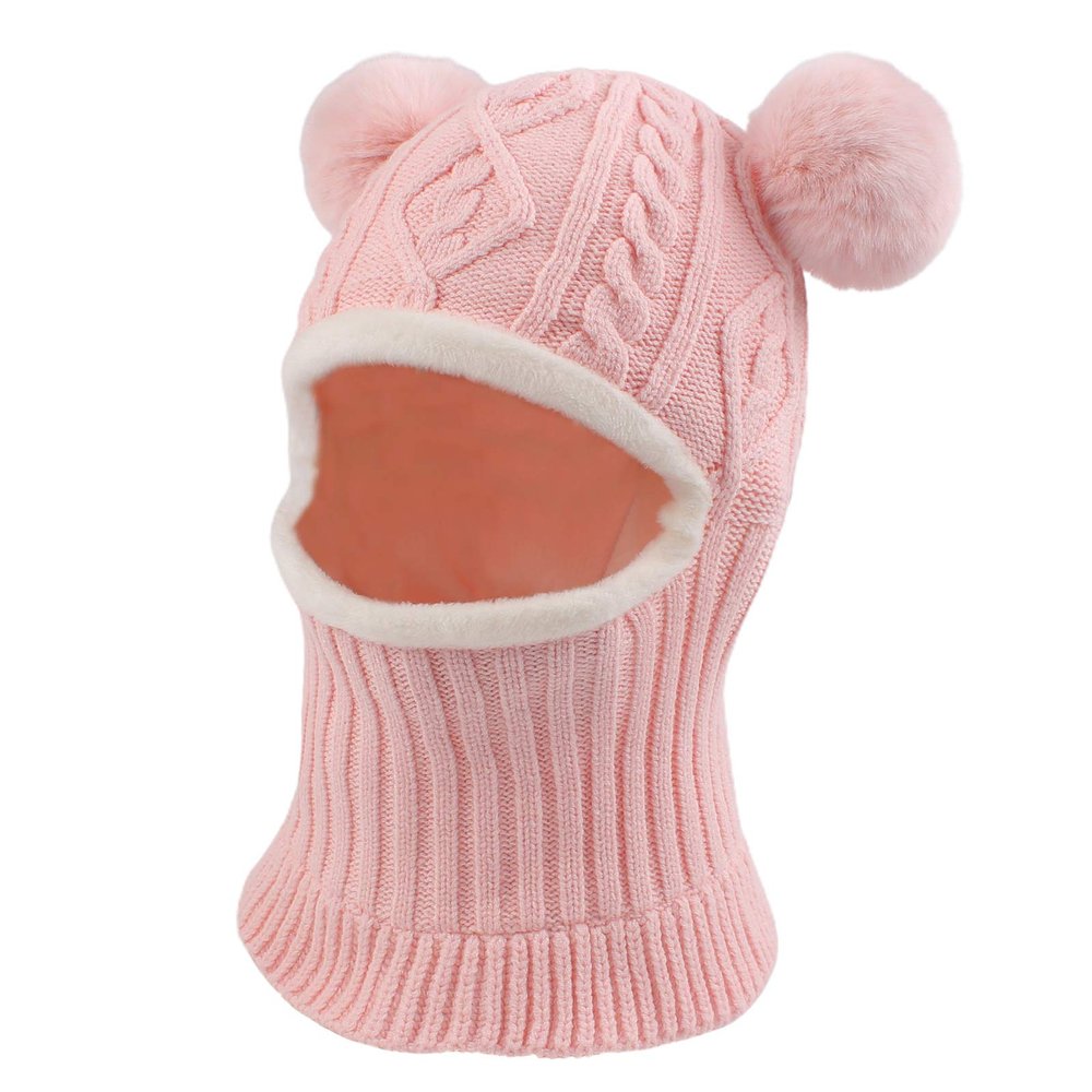 Winter Baby Knitted Hat Scarf Kids Boys Girls Hood Hats Toddler Earflap Beanie with Pompom (Pink 2, M)