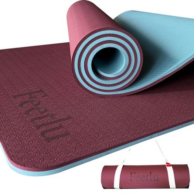 Feetlu Extra Thick Exercise Yoga Mat with Strap - 2/5 Inch (10MM), Non-Slip Workout Mat for Yoga, Pilates, and Floor Exercises(Dark Red & Blue Gray)