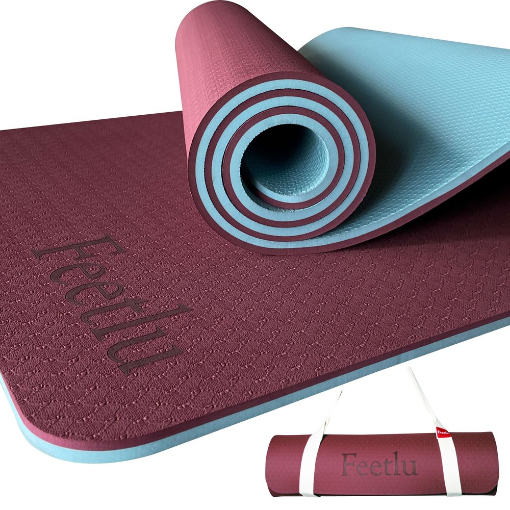 Feetlu Extra Thick Exercise Yoga Mat with Strap - 2/5 Inch (10MM), Non-Slip Workout Mat for Yoga, Pilates, and Floor Exercises(Dark Red & Blue Gray)