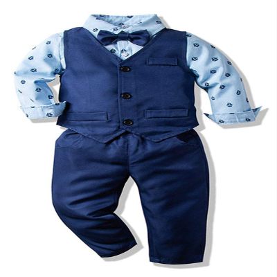 Abolai Boys' 3 Piece Vest Set with Blue Shirt,Vest and Pant Style2 Blue 80