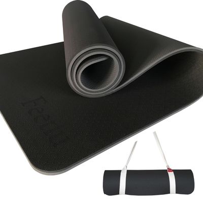 Feetlu Extra Thick Exercise Yoga Mat with Strap - 2/5 Inch (10MM), Non-Slip Workout Mat for Yoga, Pilates, and Floor Exercises(Black & Gray)