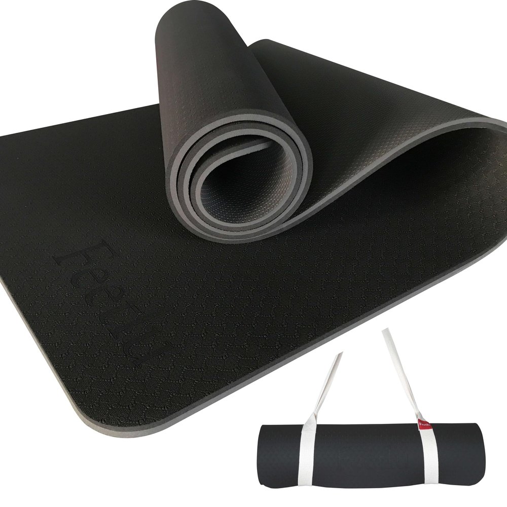 Feetlu Extra Thick Exercise Yoga Mat with Strap - 2/5 Inch (10MM), Non-Slip Workout Mat for Yoga, Pilates, and Floor Exercises(Black & Gray)