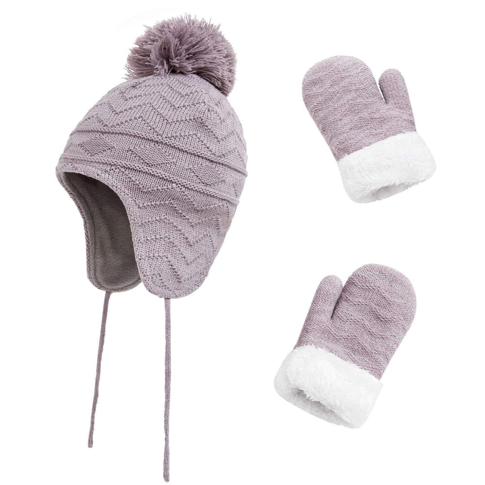 Kids Winter Beanie Hat Mittens Set Warm Fleece Hat Baby Toddler Knitted Hat & Gloves for Boys, Girls