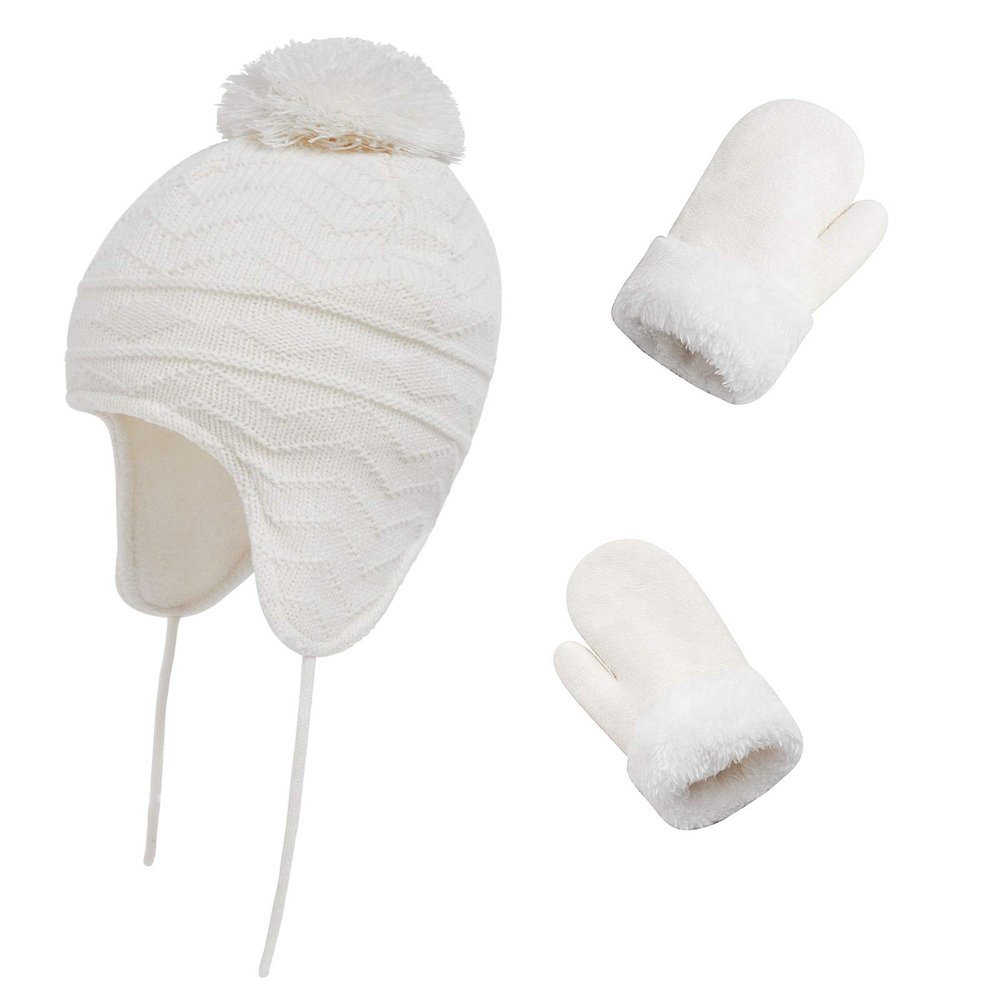 Kids Winter Beanie Hat Mittens Set Warm Fleece Hat Baby Toddler Knitted Hat & Gloves for Boys, Girls