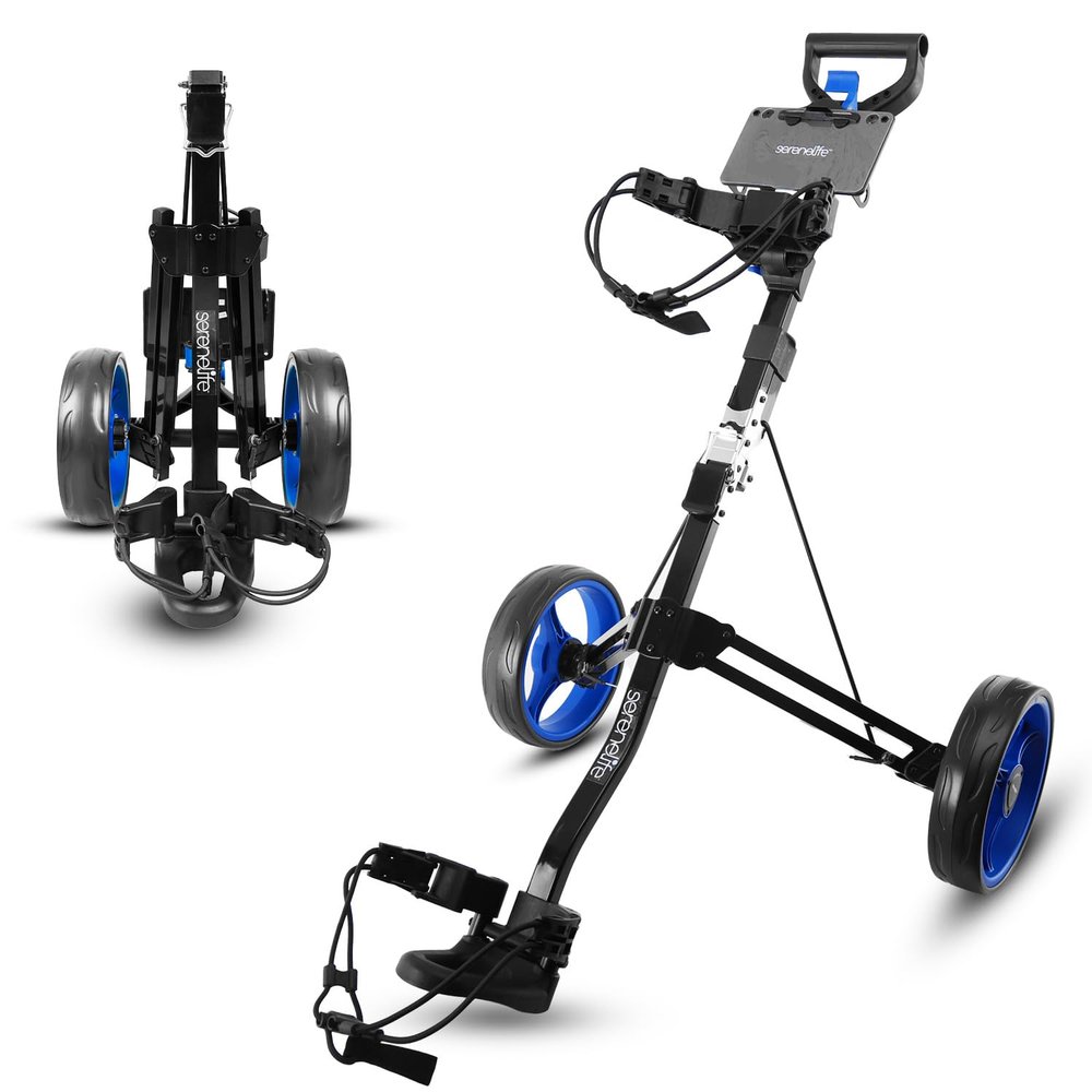 SereneLife Foldable 2-Wheel Golf Push Cart  Lightweight Aluminum Pull Trolley with Bag Straps, Quick Brake, Adjustable Handle, Compact Folding Design, Easy Transport for Golfers on the Move