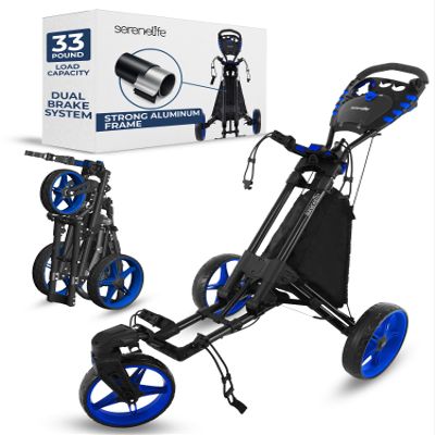 SereneLife Golf Cart Lightweight Foldable Golf Push Cart - Aluminum Folding Trolley with Adjustable Handle, Elastic Bag Straps, Dual Brakes, Scorecard & Cup Holders for Easy Maneuverability