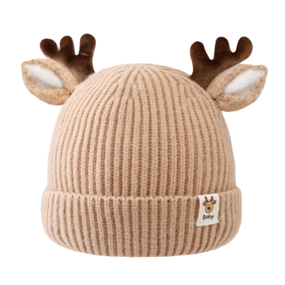 LEOMOSTE Baby Beanie Hat Cute Antlers Reindeer Crochet Knitted Hat Winter Warm Cap for Toddler Boys Girls Khaki