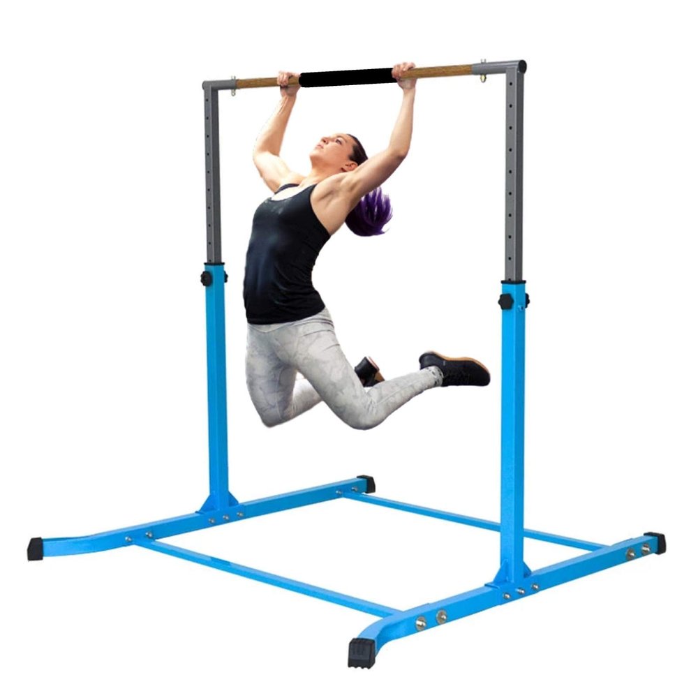 5 Star TD Expandable Kip Bar Kids Gymnastics Horizontal Bar, Adjustable Height Levels Junior Gymnastic Training Tumble Bar with Heavy Duty Curved Legs and Cushioned Hand Pad, Blue