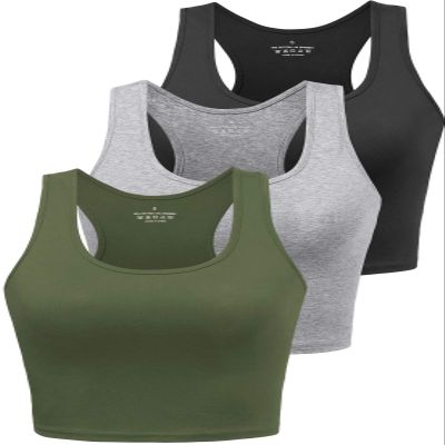 Women's 3-Pack Sports Crop Tank Tops - Athletic Yoga Racerback Workout Shirts, Black/Grey/Olive L