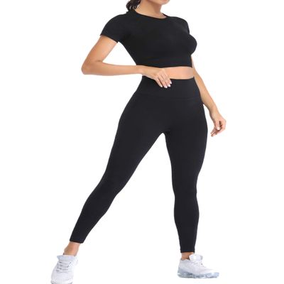 2 Piece Short Sleeve Outfits for Women Seamless Crop Tops Set for Women Workout Set(8005L-Black)