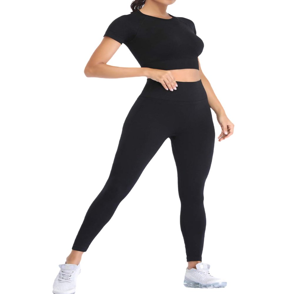 2 Piece Short Sleeve Outfits for Women Seamless Crop Tops Set for Women Workout Set(8005L-Black)