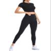 2 Piece Short Sleeve Outfits for Women Seamless Crop Tops Set for Women Workout Set(8005L-Black) view 1