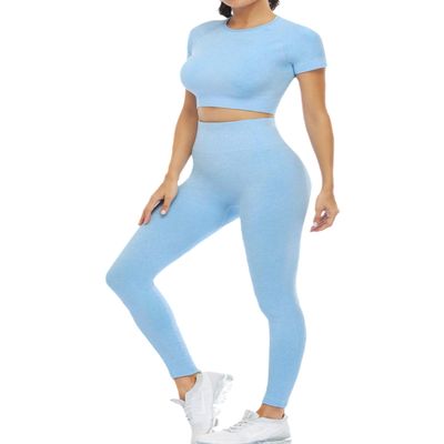 2 Piece Short Sleeve Outfits for Women Seamless Crop Tops Set for Women Workout Set(8005S-Light Blue)