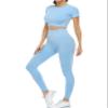 2 Piece Short Sleeve Outfits for Women Seamless Crop Tops Set for Women Workout Set(8005S-Light Blue) view 1