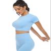 2 Piece Short Sleeve Outfits for Women Seamless Crop Tops Set for Women Workout Set(8005S-Light Blue) view 2
