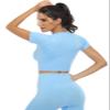 2 Piece Short Sleeve Outfits for Women Seamless Crop Tops Set for Women Workout Set(8005S-Light Blue) view 3