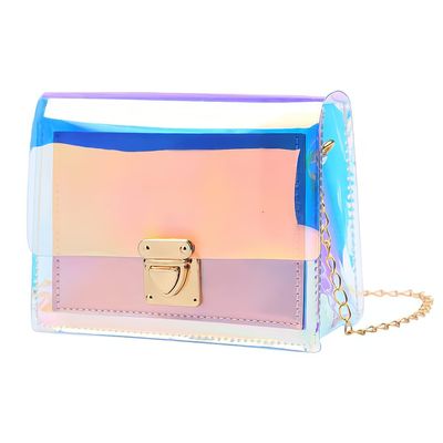 Acxico 1Pcs Pink Transparent Handbag Colorful Chain Bag Rainbow Laser Purses Clear Jelly Mini Bag