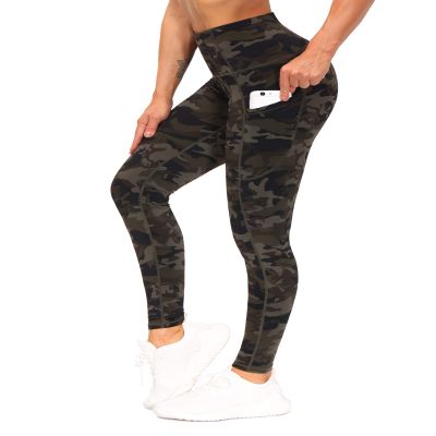 THE GYM PEOPLE Thick High Waist Yoga Pants with Pockets, Tummy Control Workout Running Yoga Leggings for Women (X-Large, Army Green Camo)