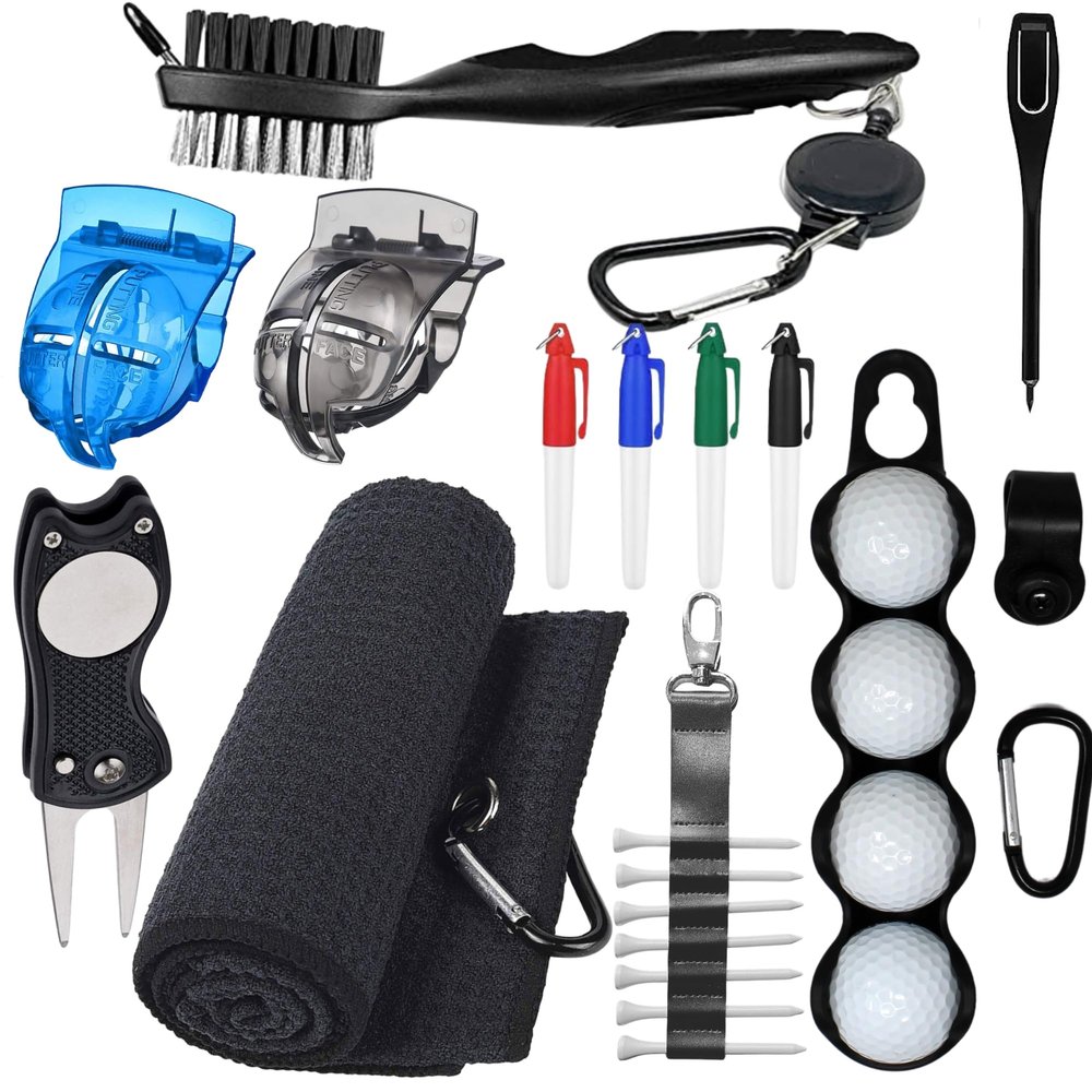 RE GOODS Golf Accessories Kit - Includes Towel, Ball Holder, Brush, Divot Repair Tool, 2 Ball Alignment Stencil, Tee Holder, Putting Marker, 4 Permanent Markers, Pencil