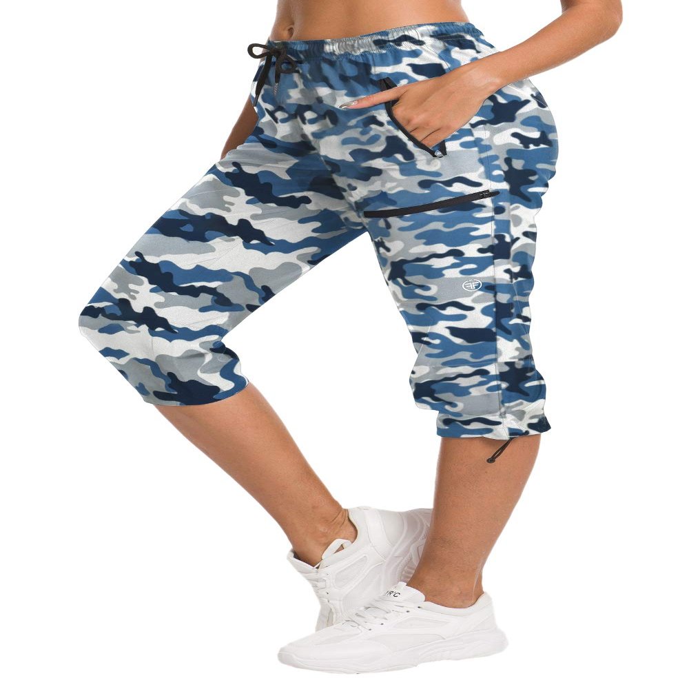 ChinFun Women's Hiking Capris Pants Outdoor Quick Dry Cargo Cropped Pants Water Resistant Sun Protection UPF 50+ Navy & Blue Camo Size M