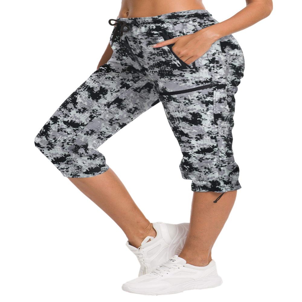 ChinFun Women's Hiking Capris Pants Outdoor Quick Dry Cargo Cropped Pants Water Resistant Sun Protection UPF 50+ Black & Grey Gridding Size XL