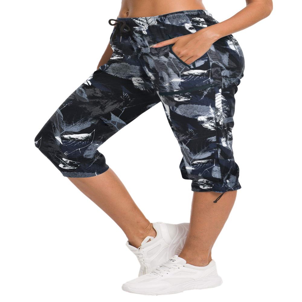 ChinFun Women's Hiking Capris Pants Outdoor Quick Dry Cargo Cropped Pants Water Resistant Sun Protection UPF 50+ Black & Grey Leaves Size M