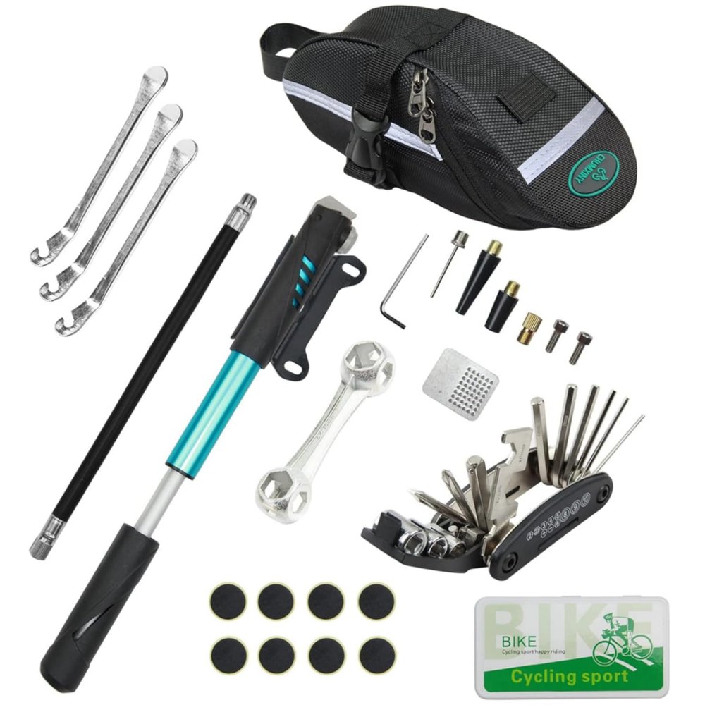 CHUMXINY Bike Repair Kit Contains 16-in-1 Tool, 120Psi Mini Bicycle Pump, Tire Patch, Used for Mountain/Road Bike.(Blue)