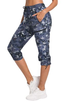 ChinFun Women's Hiking Capris Pants Outdoor Quick Dry Cargo Cropped Pants Water Resistant Sun Protection UPF 50+ Deep Purple & Navy Camo Size XL