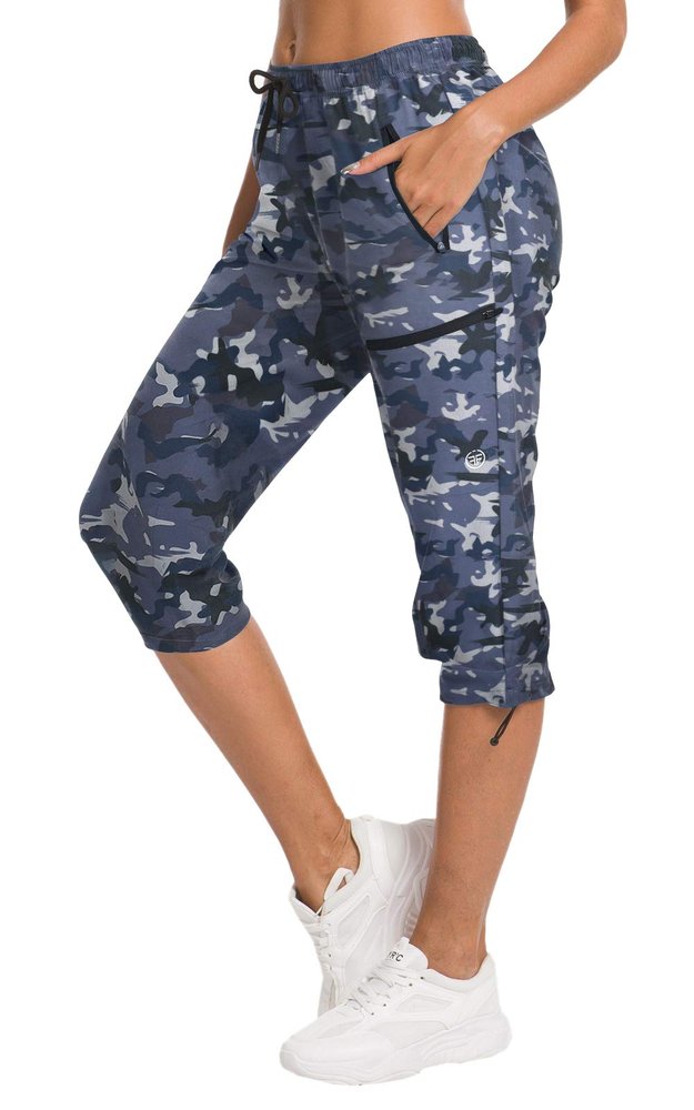 ChinFun Women's Hiking Capris Pants Outdoor Quick Dry Cargo Cropped Pants Water Resistant Sun Protection UPF 50+ Deep Purple & Navy Camo Size XL