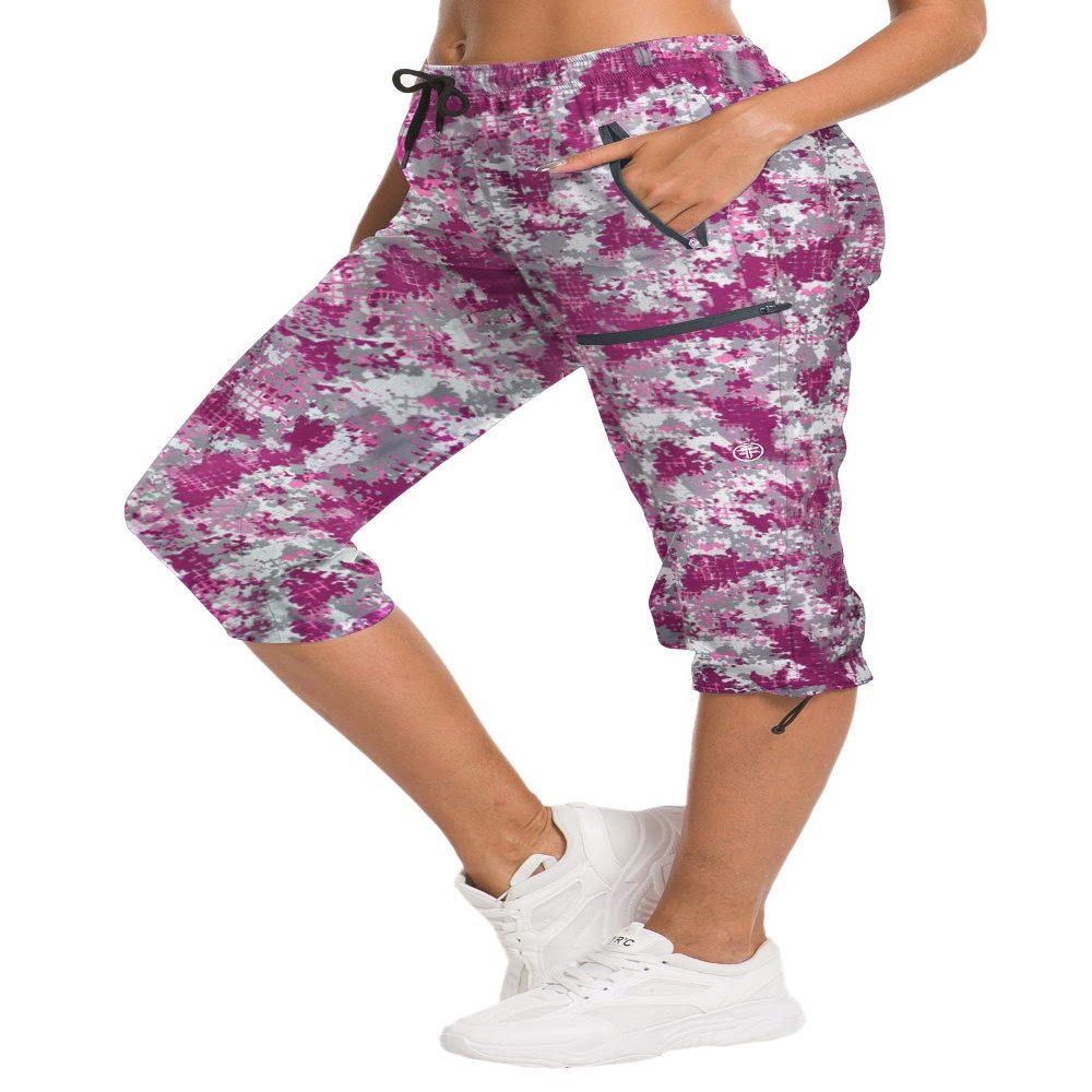 ChinFun Women's Hiking Capris Pants Outdoor Quick Dry Cargo Cropped Pants Water Resistant Sun Protection UPF 50+ Fushcia & Grey Gridding Size XXL