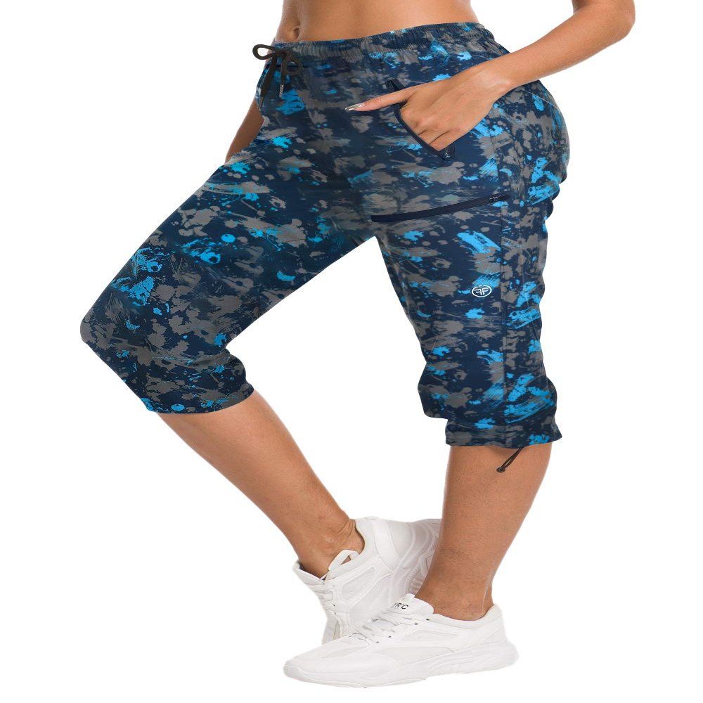 ChinFun Women's Hiking Capris Pants Outdoor Quick Dry Cargo Cropped Pants Water Resistant Sun Protection UPF 50+ Navy & Grey Camo Size M