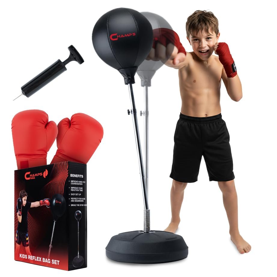 Champs MMA Punching Bag for Kids with Stand | Freestanding Reflex Bag Dummy | Adjustable Height Punch Bag Stand with Gloves Exercise Equipment for Agility, Hand-Eye Coordination Workout Kit