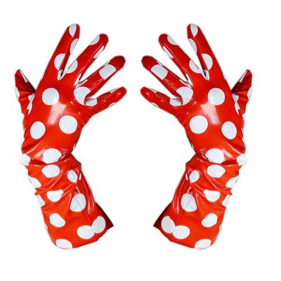 QIN-FE Women LONG GLOVES Faux Shine Patent Leather Large Polka Dot Slim Red Party Role Evening Dress Gloves (40cm)