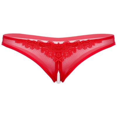 Aislor Women's Sexy Underwear See Through Mesh Artificial Pearls G-String Knickers Briefs Lingerie Red One Size