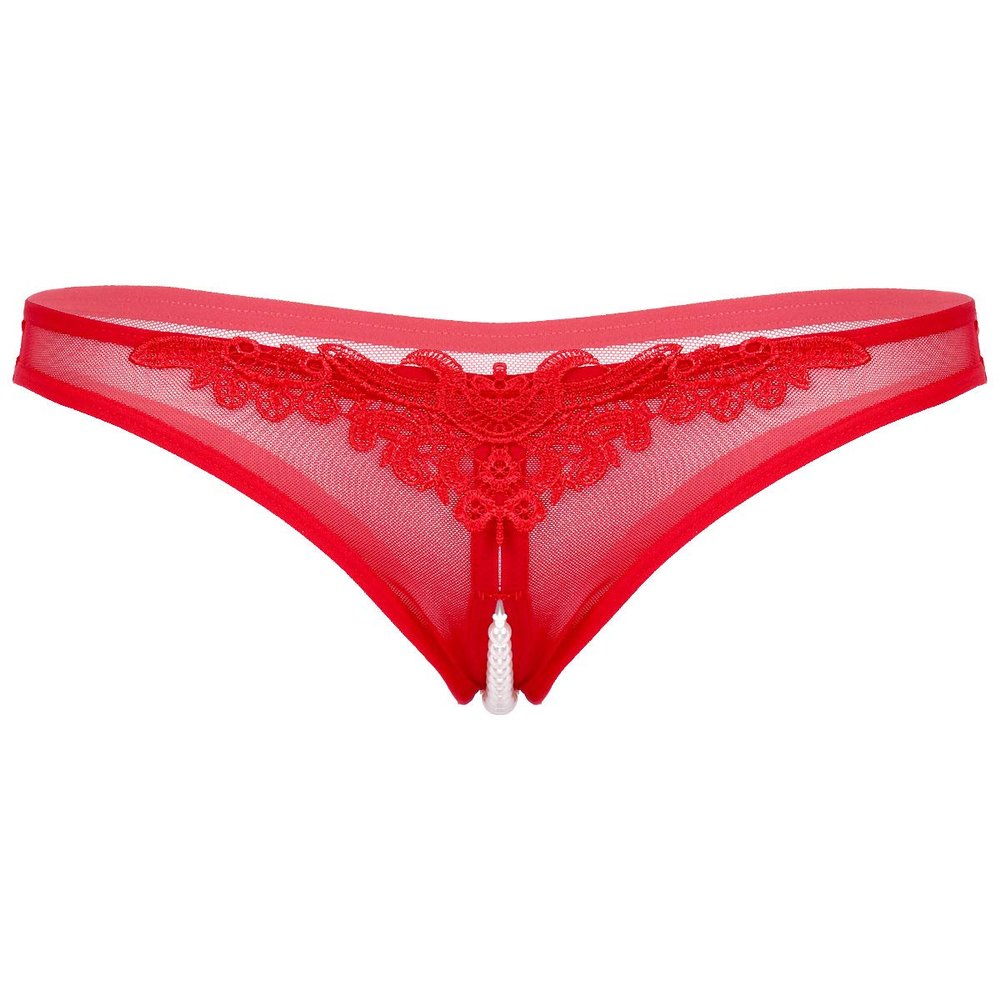 Aislor Women's Sexy Underwear See Through Mesh Artificial Pearls G-String Knickers Briefs Lingerie Red One Size