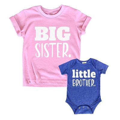 Unordinary Toddler big sister little brother outfit matching shirts sets baby newborn outfits shirt (Pink/Charcoal Blue, Kid (2Y) / Baby (3-6M))
