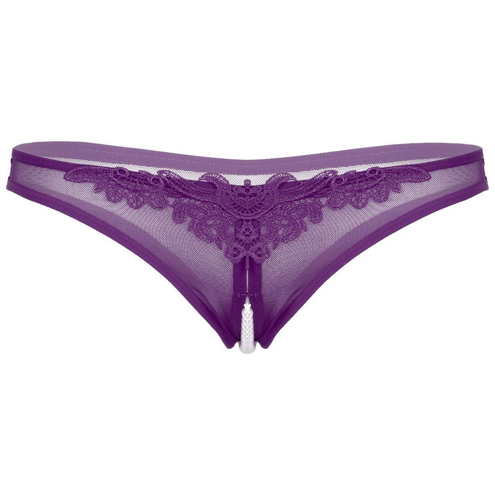 Aislor Women's Sexy Underwear See Through Mesh Artificial Pearls G-String Knickers Briefs Lingerie Purple One Size