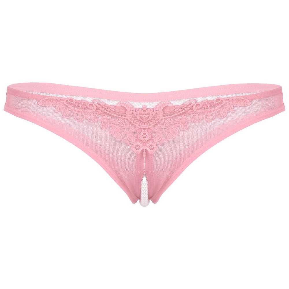 Aislor Women's Sexy Underwear See Through Mesh Artificial Pearls G-String Knickers Briefs Lingerie Pink One Size