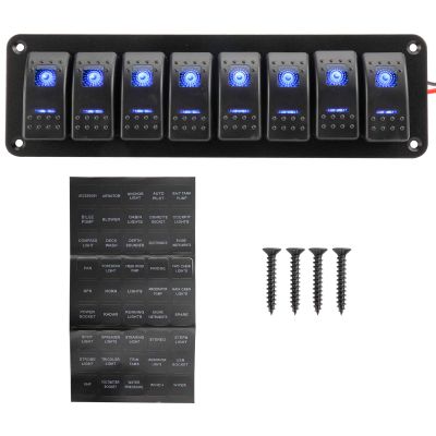 Amarine Made 12-24V Boat Switch Panel Illuminated Rocker Switch Aluminum Pre-wired Panel 2,3,4,5,6,8 Gang Toggle Switches Dash 5 Pin ON/Off 2 LED Backlit for Bus Boat Car Marine Blue LED IP65 (8 Gang)