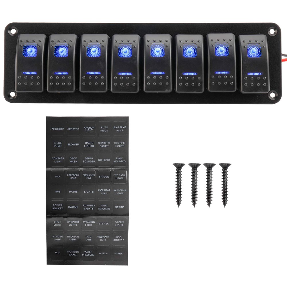 Amarine Made 12-24V Boat Switch Panel Illuminated Rocker Switch Aluminum Pre-wired Panel 2,3,4,5,6,8 Gang Toggle Switches Dash 5 Pin ON/Off 2 LED Backlit for Bus Boat Car Marine Blue LED IP65 (8 Gang)