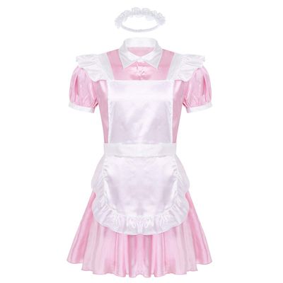 Yartina Men's Silky Satin French Maid Dress Sissy Crossdressing Lingerie Nightwear Pajamas Pink XX-Large